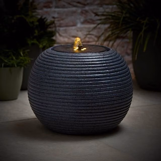 ValueLights Solar Powered Round Ribbed Ball Water Fountain Garden Feature in Grey
