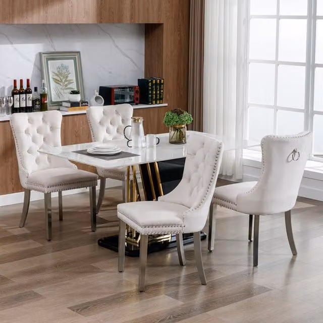 HomeTouch Set of 6 Modern Velvet Swivel Bar Stools in Beige and Grey with Silver Metal Legs – 3