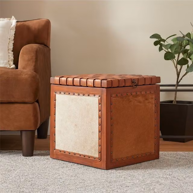 Orsina Brown Storage Stool with Teak Wood Seat and Hair-on-Leather Base – 1