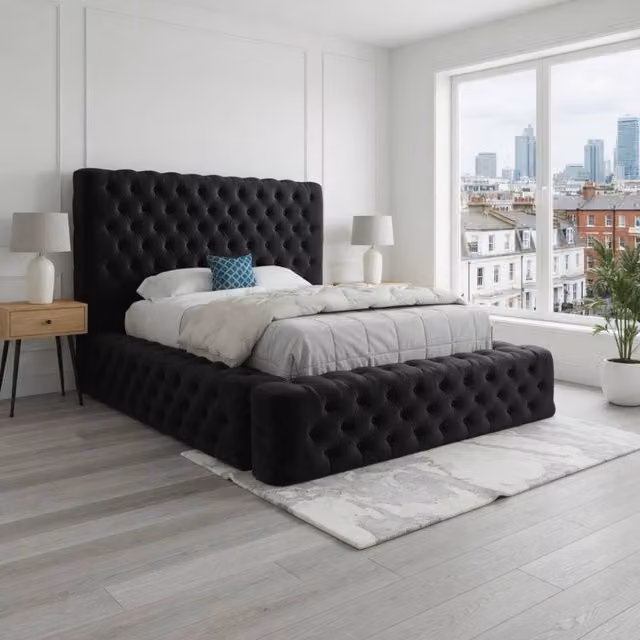 KDMD Littleton Black Velvet Pleated Upholstered Chesterfield Bed Frame, W/D/H: 200 x 137 x 221 cm – 1