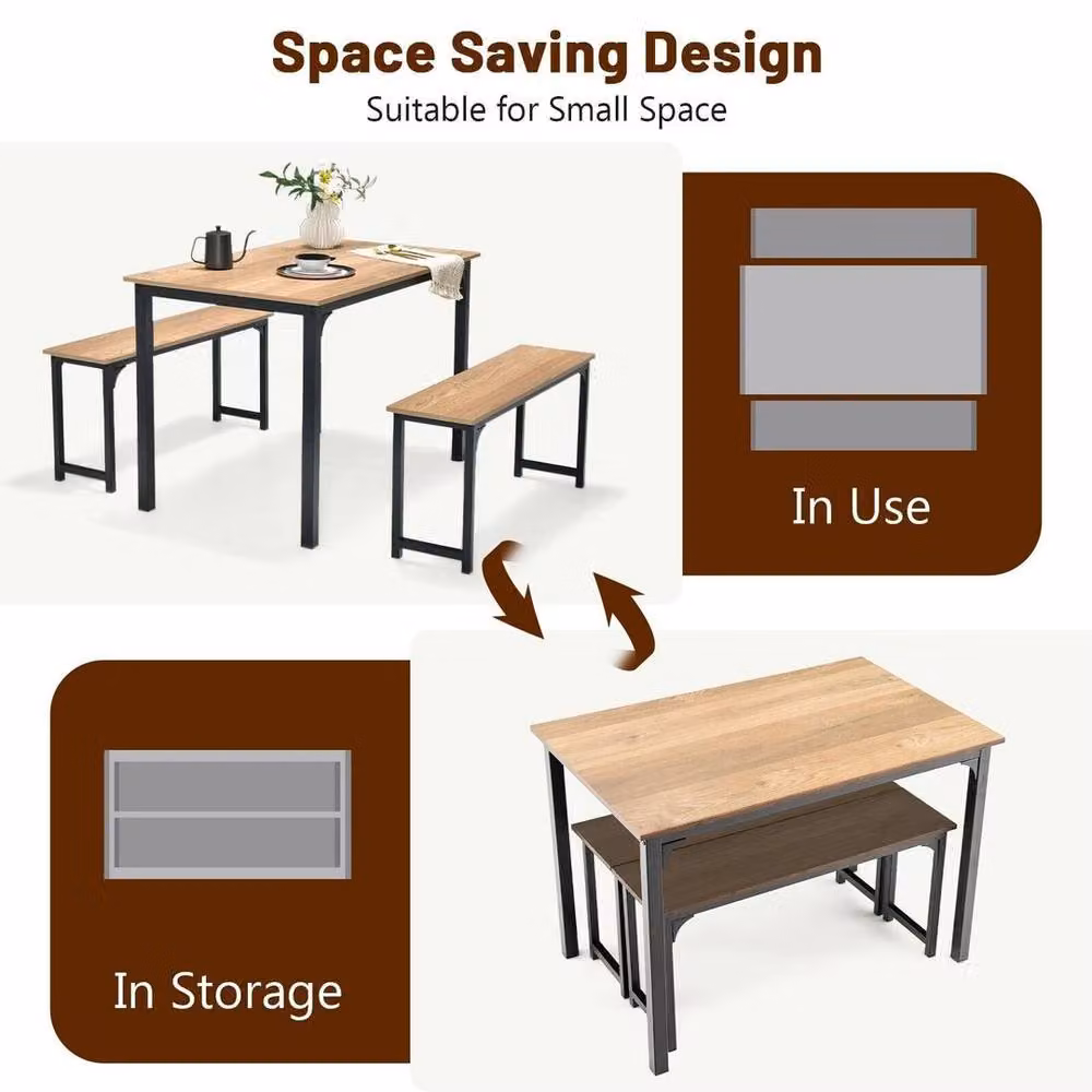 KORVIXA 3-Piece Industrial Dining Table and Benches Set in Brown – 3