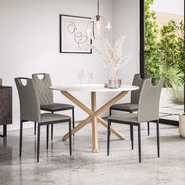 More4Homes Malvern Round Dining Table and 4 Monza Fabric Chairs Set, Marble Top with Solid Oak Legs, Grey and White