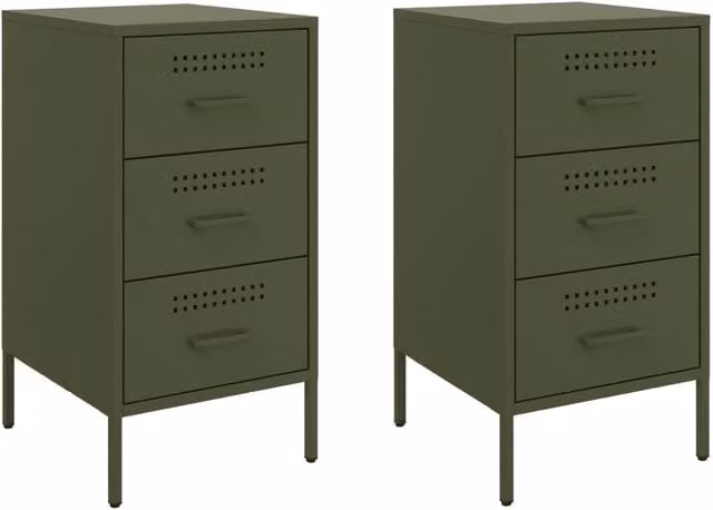 Berkfield Home Set of 2 Industrial Metal Bedside Cabinets in Olive Green, W/D/H: 36 x 39 x 68 cm