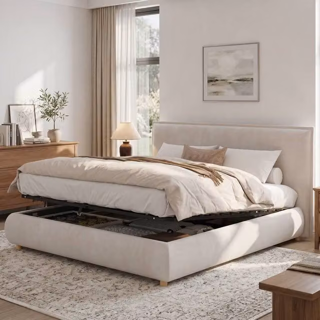 Merax Super King Ottoman Bed in Beige Velvet with Hydraulic Storage, W/D/H: 180 x 200 cm – 1