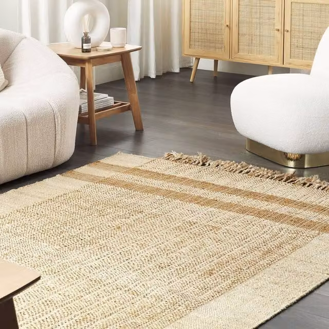 Wyld and Coco Handwoven Jute and Cotton Boho Geometric Rug in Beige, W: 140 cm, L: 200 cm