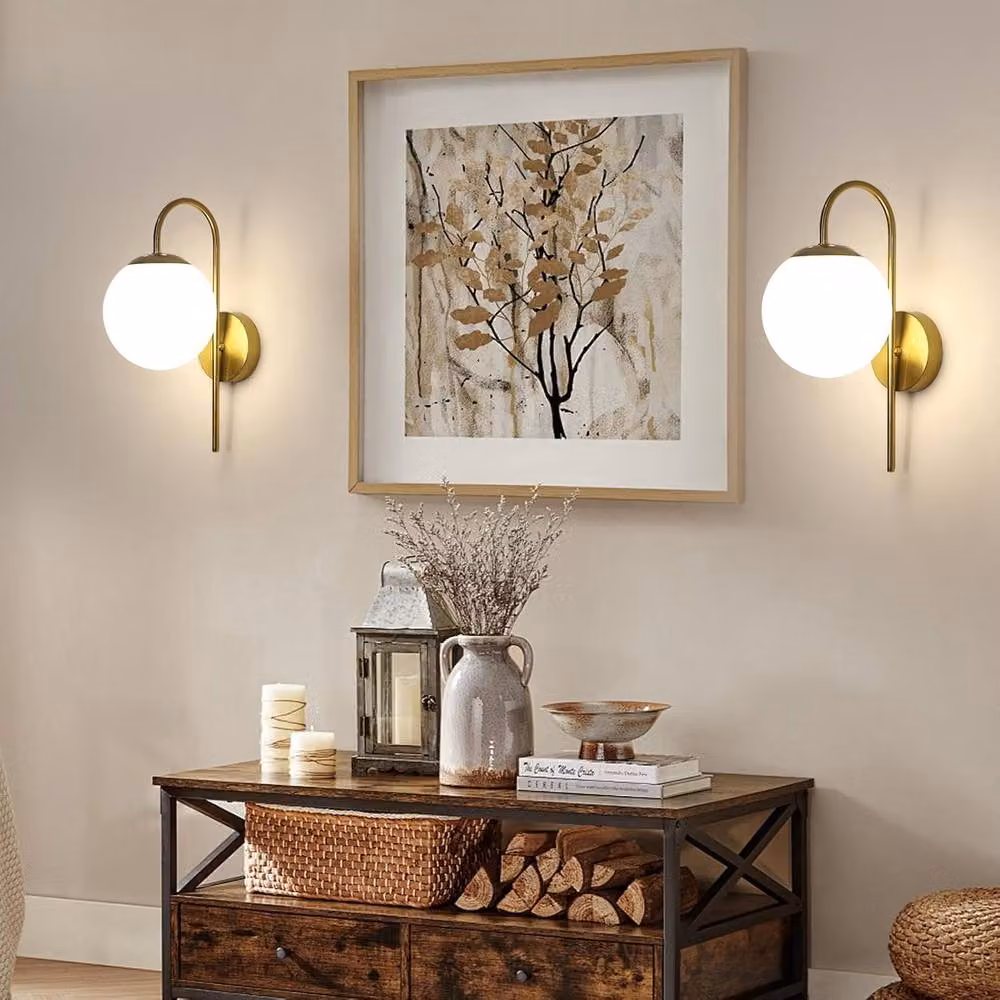 COMELY Vintage Gold and White Indoor Wall Lights with Glass Sphere Lampshade – 2