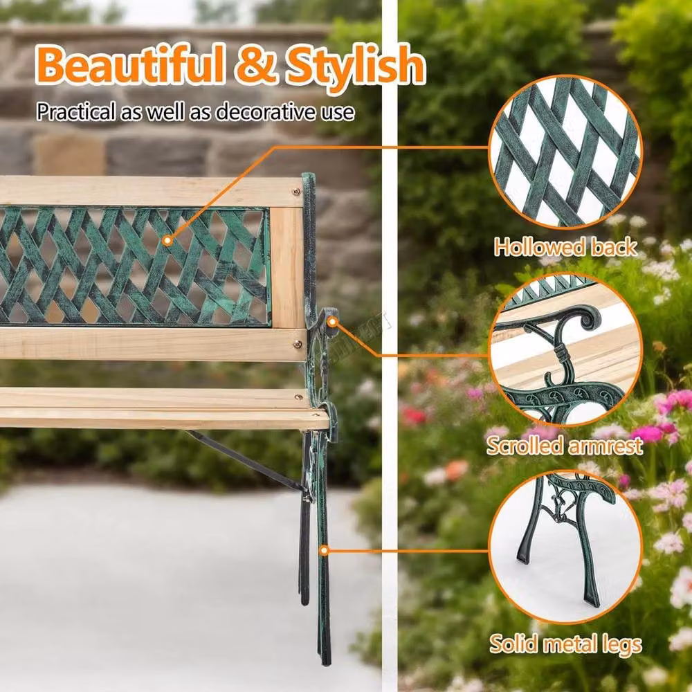 NESTLUNE 3 Seater Outdoor Wooden Garden Bench with Cross Lattice Cast Iron in Green, W: 122 cm, D: 15 cm, H: 100 cm – 3
