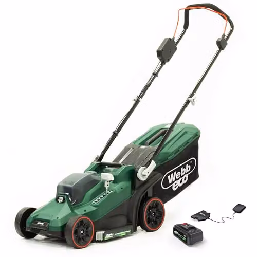 Webb Eco 20V Green Brushless Cordless Lawnmower with 33cm Cutting Width, 35L Collector and Rechargeable Battery and Charger