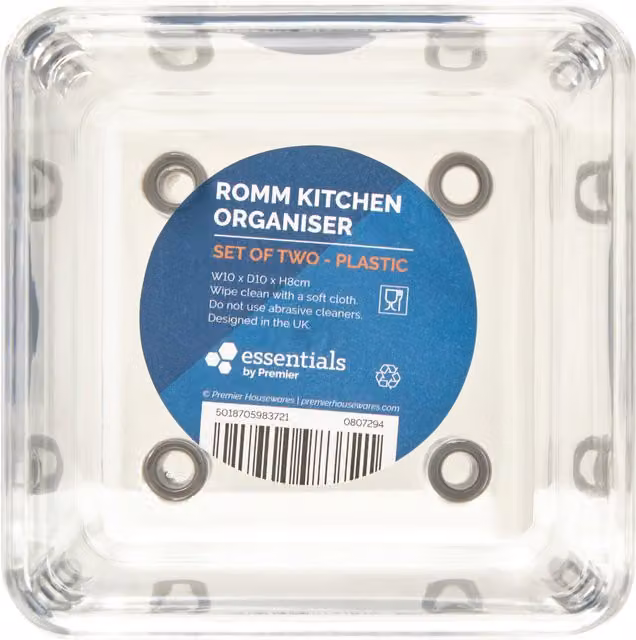 Romm Set of Two Small Square Plastic Kitchen Organisers, Transparent