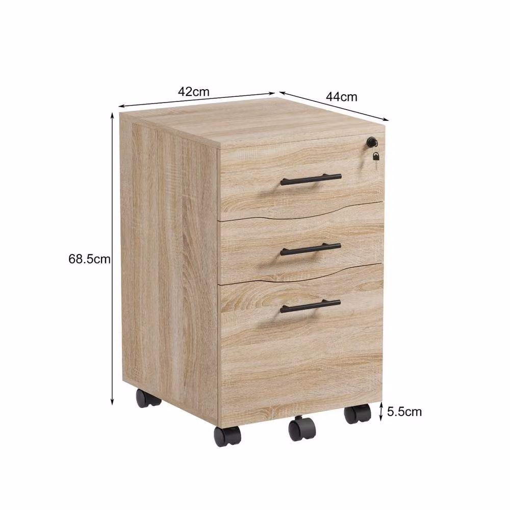 VOGREX Oak Lockable 3-Drawer Mobile Under Desk Office Pedestal in Light Oak – 2
