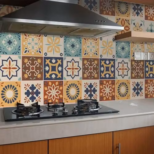 WALPLUS 24 Piece Moroccan Geometric Tile Stickers in Brown and Blue, 15 cm Square Self-Adhesive Vinyl Wall Decals – 2