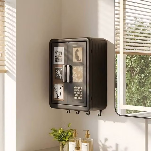 FLAVORA Black Matt Scandinavian Wall-Mounted 2-Door Bathroom Cabinet with Glass Doors – 1
