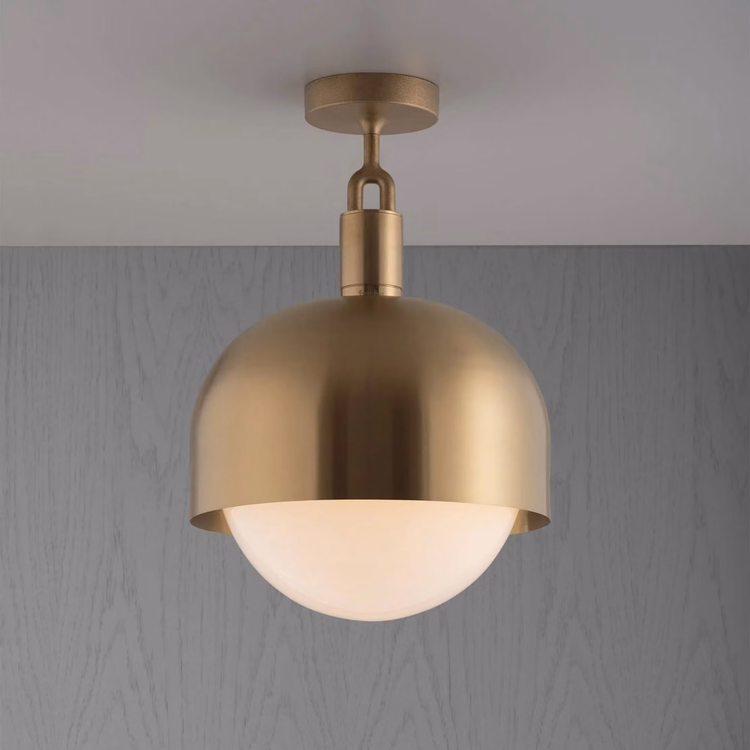 Buster + Punch Forked Ceiling Light with Metal Shade and White Opal Glass Sphere in Gold/Brass