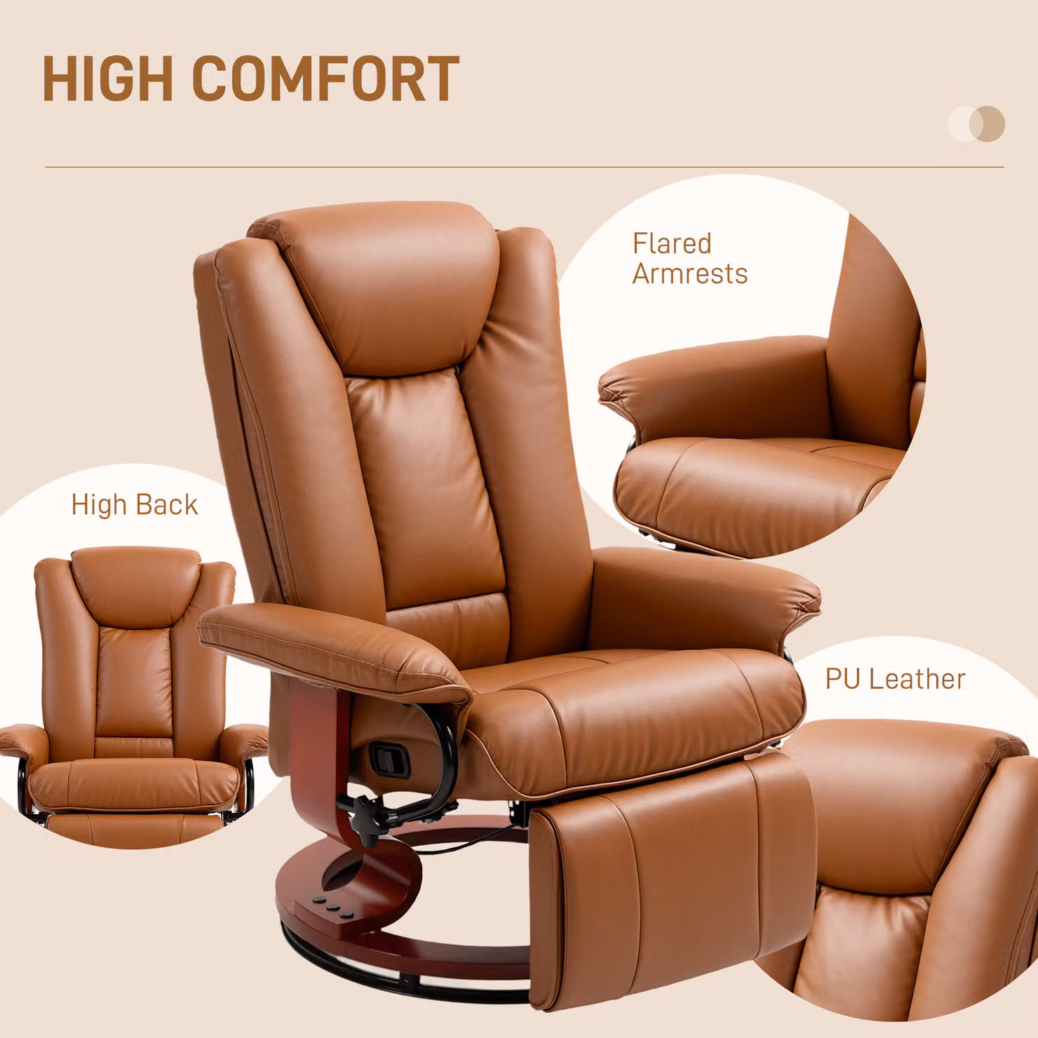 HOMCOM Brown Faux Leather Recliner Chair with 360 Degree Swivel and Armrests – 7
