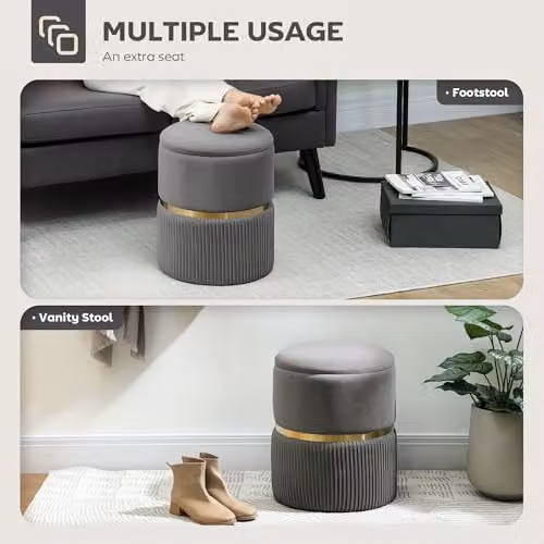 HOMCOM Round Velvet Storage Stool and Pouffe in Grey, W/D/H: 36 x 36 x 44 cm – 5