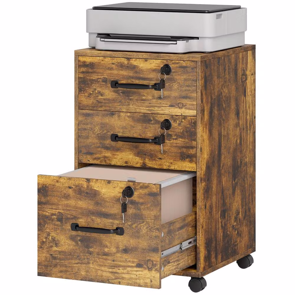 STILVORA Three-Drawer Filing Cabinet with Locks and Castors, Brown, W: 40 cm, D: 40 cm, H: 69.5 cm – 4