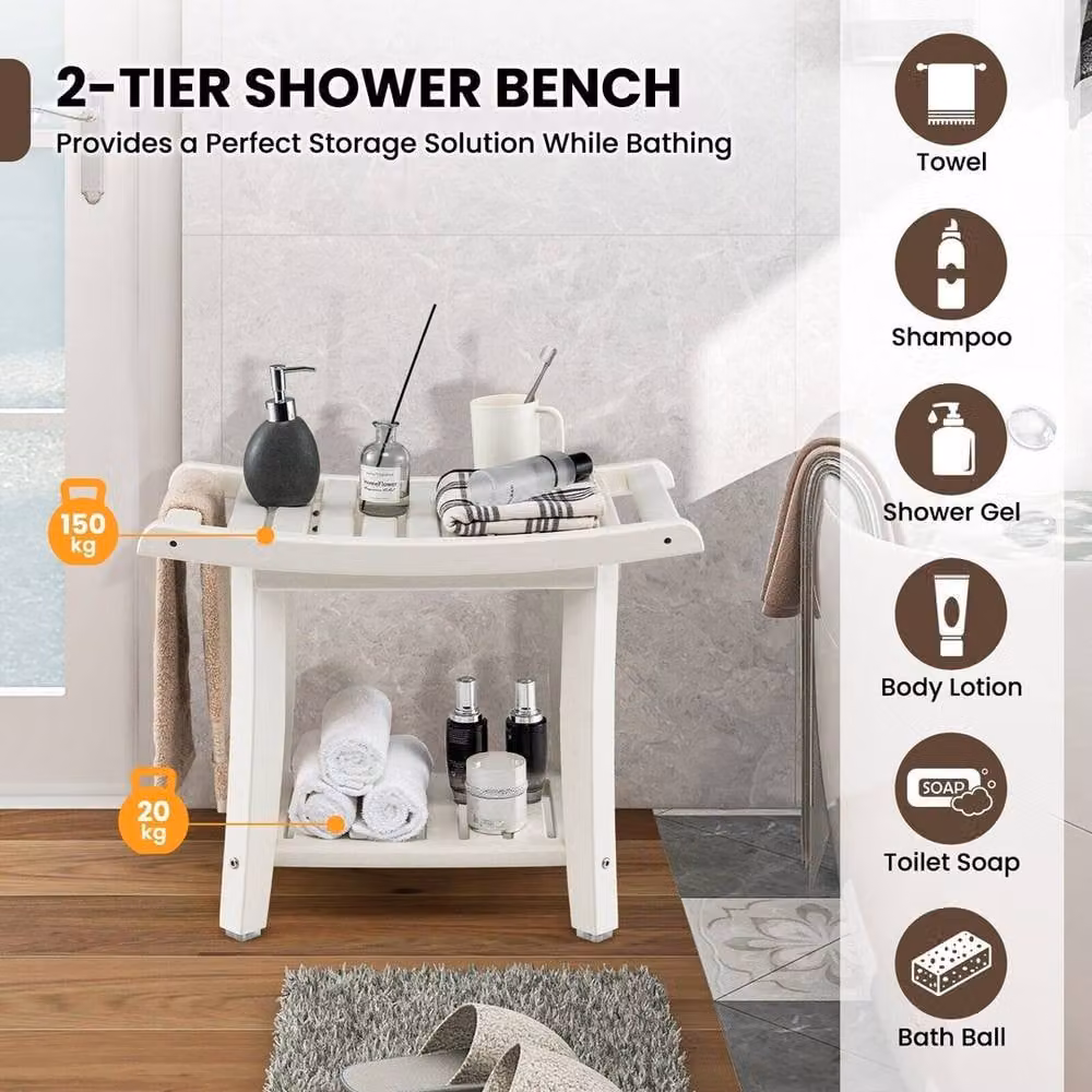 VOGREX 2-Tier Corner Shower Stool and Bathroom Storage Shelf, White – 2