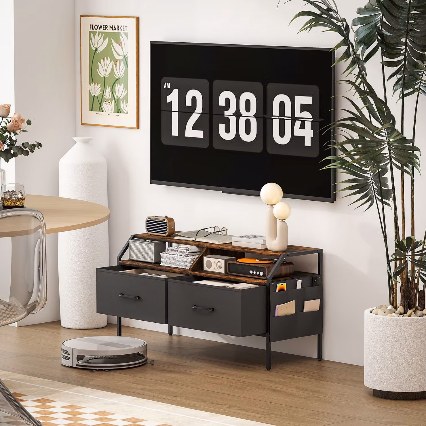 HOMCOM Rustic Brown TV Stand Cabinet for up to 55-inch TVs with 2 Foldable Fabric Drawers and 5 Side Pockets – 7