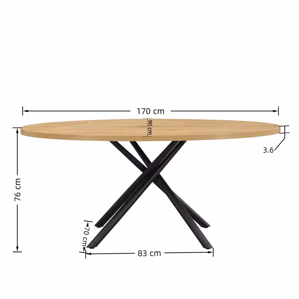 Mona Vale Furniture Oval Dining Table with Light Oak Wood Top and Black Metal X-Frame Base, W/D/H: 170 x 76 x 76 cm – 3