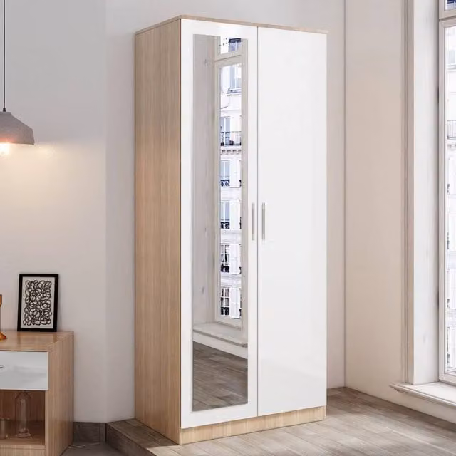 FLAVORA High Gloss 2 Door Wardrobe in White with Mirror, H 180 cm x W 76 cm x D 47 cm – 1