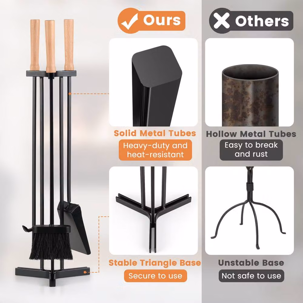 Gymax 4 Piece Heavy-Duty Metal Fireplace Tools Set with Poker in Black – 9