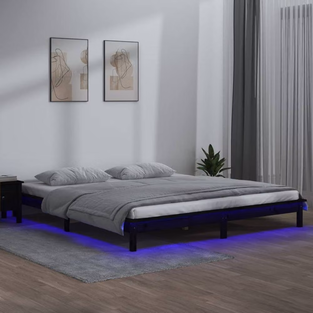 Berkfield Home LED Small Double Bed Frame in Black Solid Pine Wood, W/D/H: 120 x 190 x 26 cm – 2