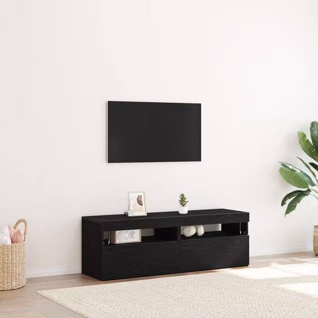 Berkfield Home Set of 2 Modern Black Oak Wall Mounted TV Cabinets with LED Lighting, W/D/H: 60 x 35 x 40 cm – 1