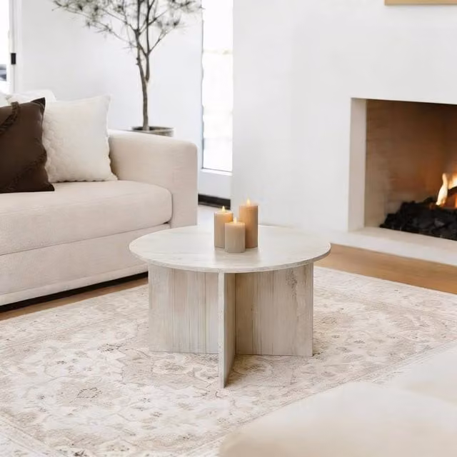 OHS Round Travertine Effect Coffee Table in Beige Engineered Wood