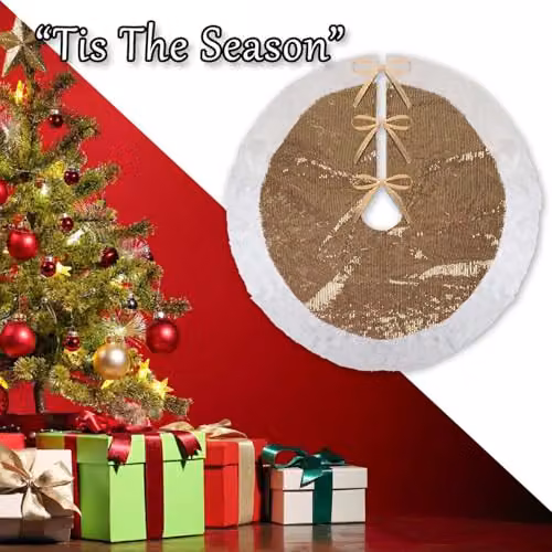 VFM e-Store Christmas Sequin Tree Skirt Decoration in Gold, W: 49 cm, D: 31 cm – 6