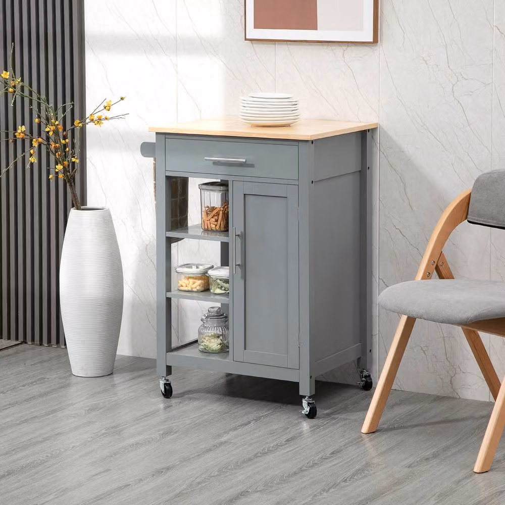 STILVORA Retro Kitchen Trolley with Shelves, Door and Drawer in Grey – 3