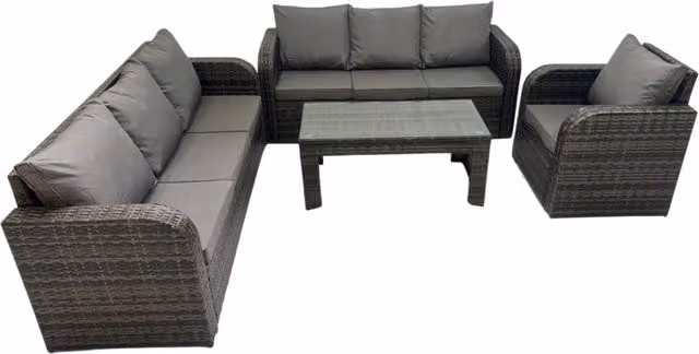 Fimous 7 Seater Grey PE Rattan Garden Furniture Set with Reclining Sofa, Lounge Armchairs, Coffee Table and Upholstered Cushions