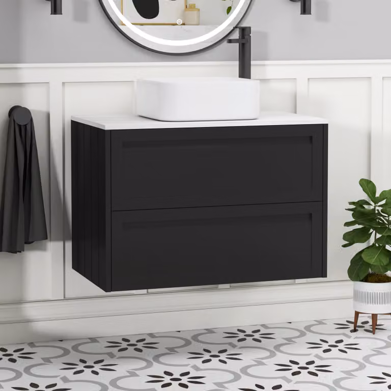 Royal Bathrooms Elmore 800mm Wall Hung Vanity Unit with 2 Drawers and Elena Basin in Matt Nocturne Black