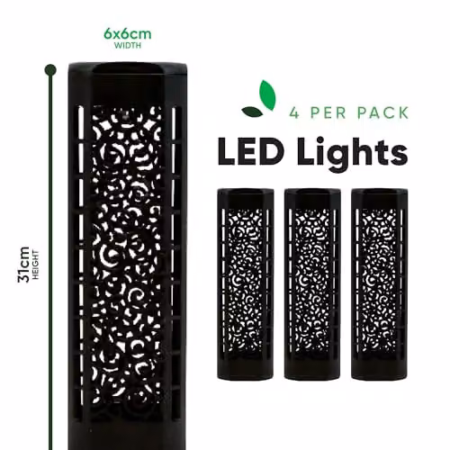 Gardenwize Pack of 4 Solar Powered LED Garden Path Lights in Black with Warm White Light and Dusk Sensor – 7
