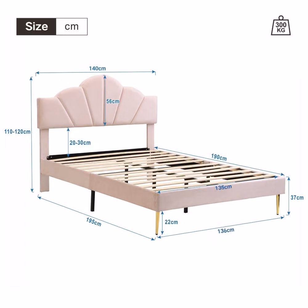 Matteo Pink Velvet Double Bed with Gold Legs and Shell Design, W: 135 cm, D: 190 cm – 3
