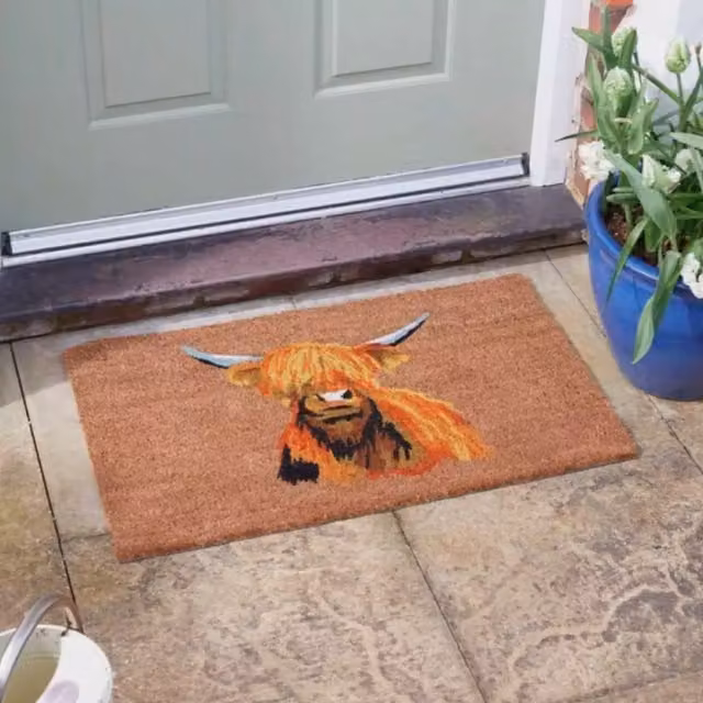 Garden Mile Highland Cow Natural Coir Door Mat, Brown