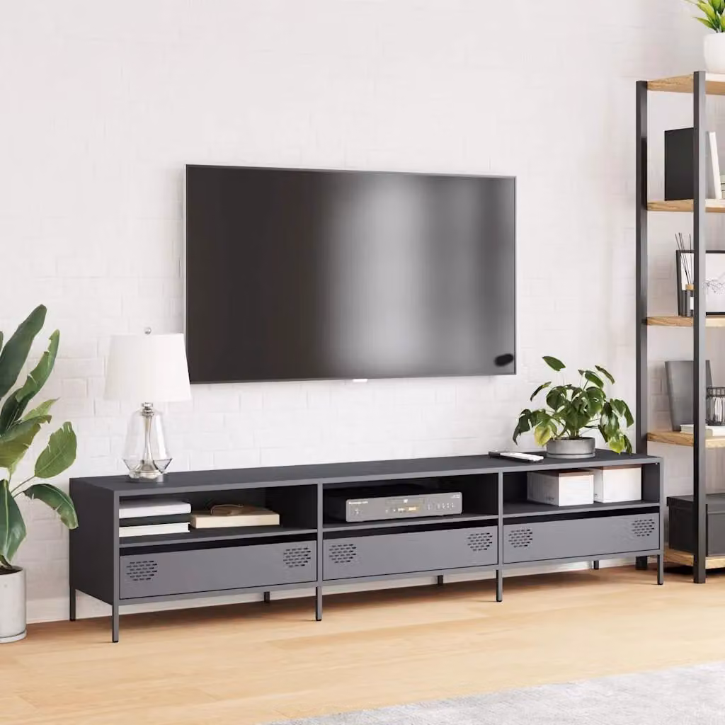 Berkfield Home TV Cabinet in Anthracite and Black Matt Cold-rolled Steel, W: 202 cm, D: 39 cm, H: 43.5 cm – 3