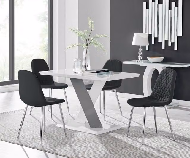 Furniturebox Monza White High Gloss Rectangular Dining Table with 4 Black Faux Leather Corona Silver Chairs