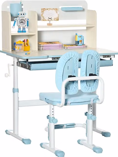 HOMCOM Kids Height Adjustable Desk and Chair Set with Shelf, Blue – 1