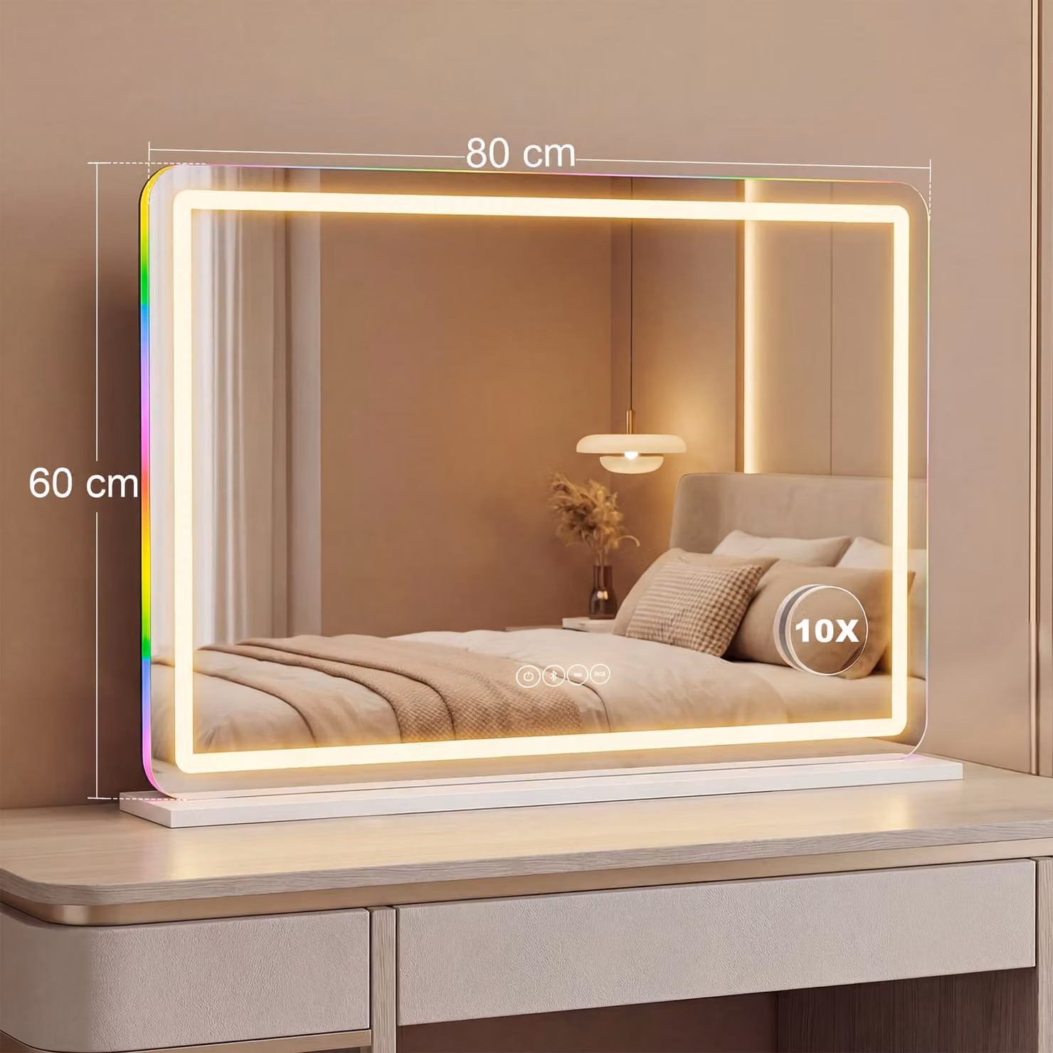 HOMCOM White LED Vanity Mirror with Dimmable RGB Lights and Bluetooth Speaker – 3