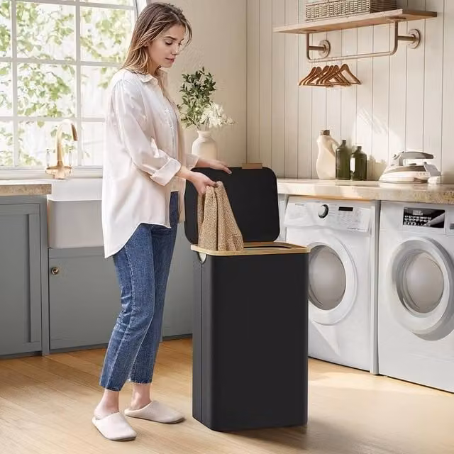 The Bazaarist Laundry Hamper with Lid, Removable Liner and Bamboo Handles, Black – 1