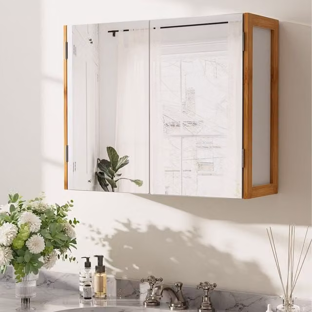 Lifeideas White Bamboo Frame Mirror Cabinet with Adjustable Shelves and Hinged Doors