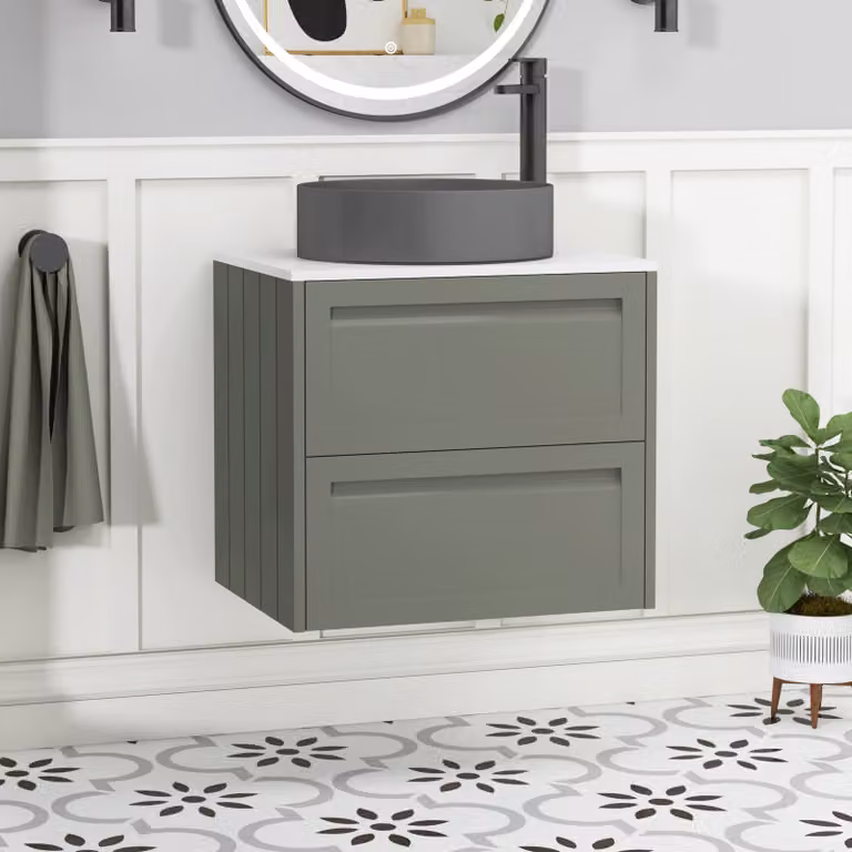 Royal Bathrooms Elmore Wall Hung Vanity Unit with 2 Drawers, Matt Green Finish and Plain White Worktop with Art Round Basin, Width: 60 cm