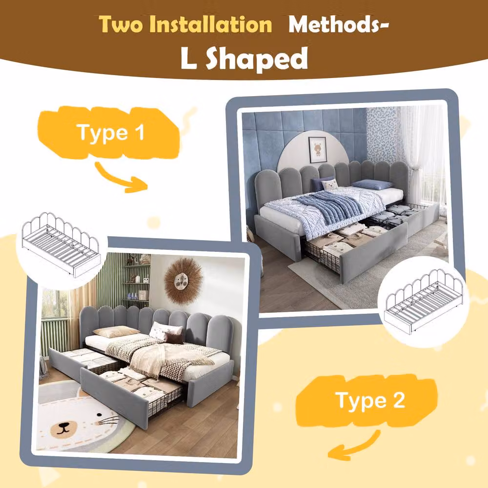 Matteo Grey Velvet Upholstered Kids Daybed with Drawer Storage, W/D/H: 90 x 190 cm – 3