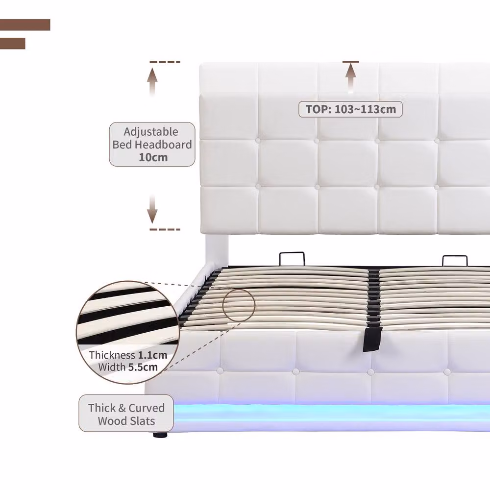 HomeTouch Kelly Double Ottoman Storage Bed in White PU Faux Leather with LED Under-Bed Lighting, W/D/H: 140 x 200 cm – 4