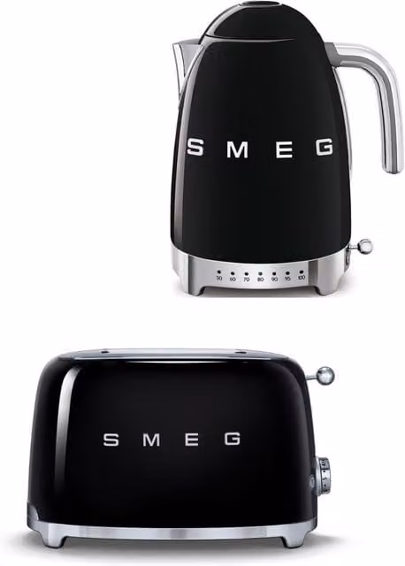 Smeg TSF01 2-Slice Toaster and KLF04 1.7 l Variable Temperature Kettle Set in Black