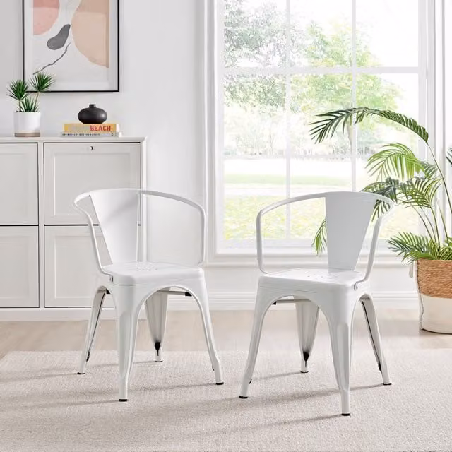FurnitureboxUK Colton Stackable Industrial Metal Kitchen Dining Chair with Arms, White