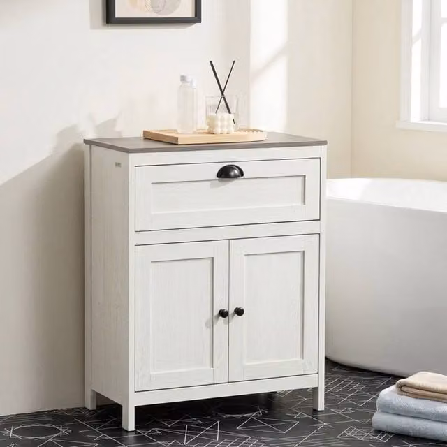 STILVORA White Matt Freestanding Bathroom Cabinet with Drawer, Cupboard and Internal Shelves