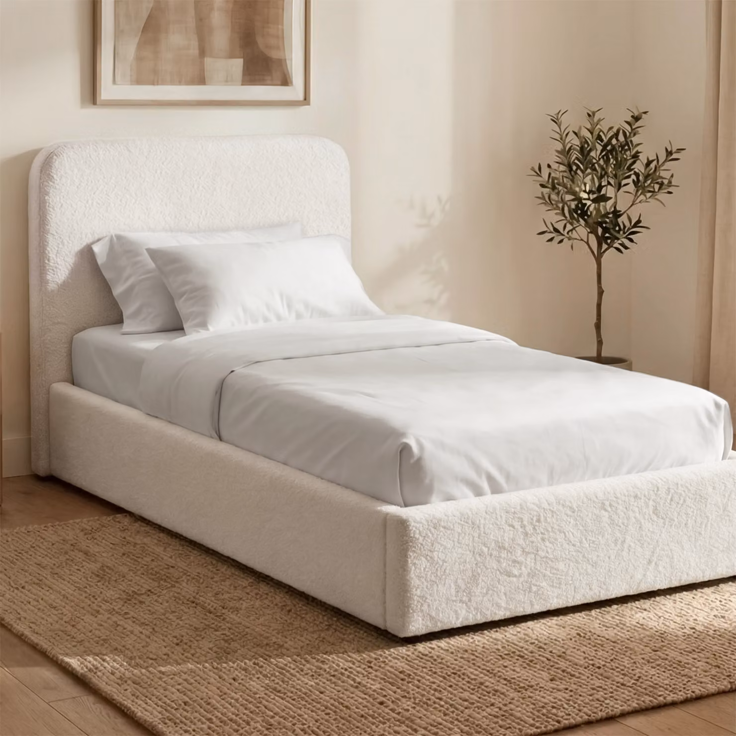 Sofna White Boucle Ottoman Storage Bed Frame, Single (W: 90 cm, L: 190 cm)