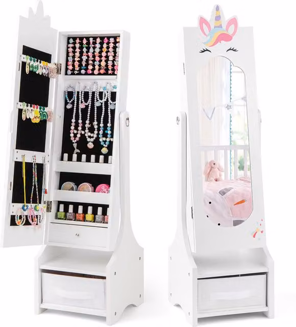 COSTWAY White Freestanding Kids Jewellery Cabinet with Full-Length Mirror, Internal Shelves and Drawers