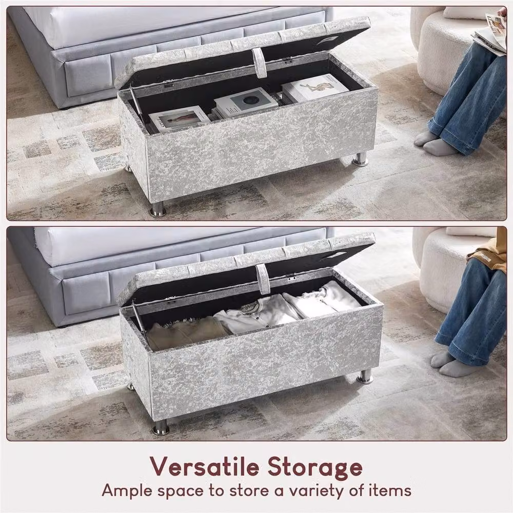 Kelvenix Grey Velvet Storage Ottoman Seat Stool Bench W/D/H: 102 x 42 x 46 cm – 2